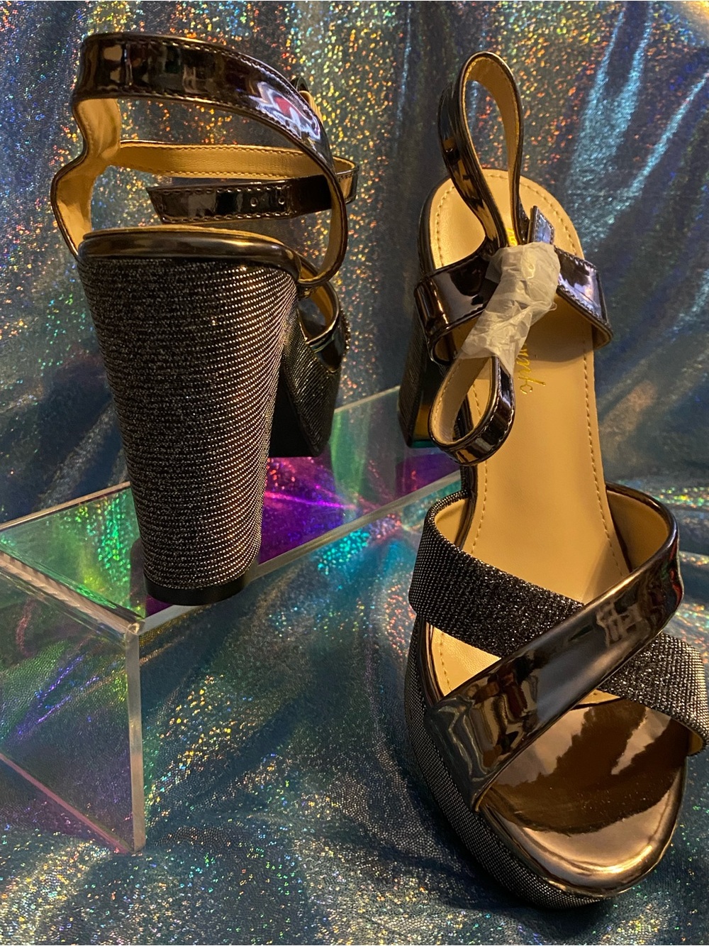 Hingswink Black Pewter Glitter Platform Block Heel Sandals NWT Sz 7.5